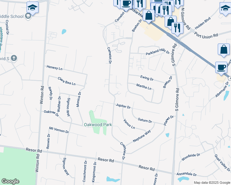 map of restaurants, bars, coffee shops, grocery stores, and more near 5470 Camelot Drive in Fairfield
