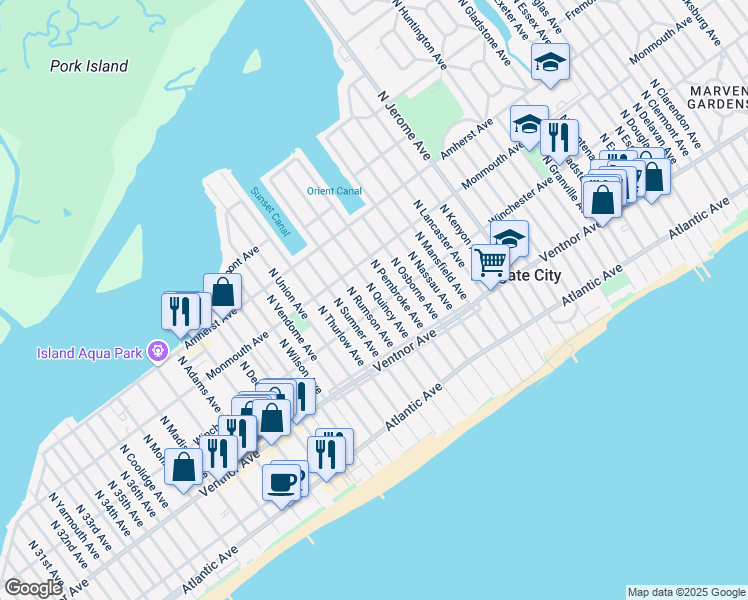 map of restaurants, bars, coffee shops, grocery stores, and more near 102 North Quincy Avenue in Margate City