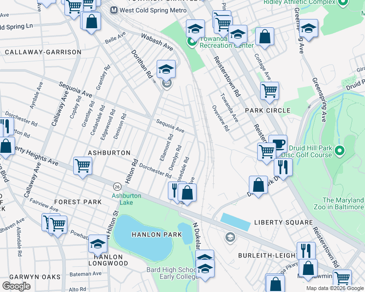 map of restaurants, bars, coffee shops, grocery stores, and more near 3701 Dennlyn Road in Baltimore