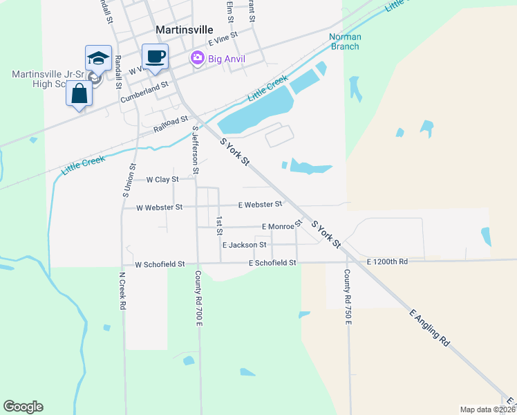 map of restaurants, bars, coffee shops, grocery stores, and more near 445 East Webster Street in Martinsville