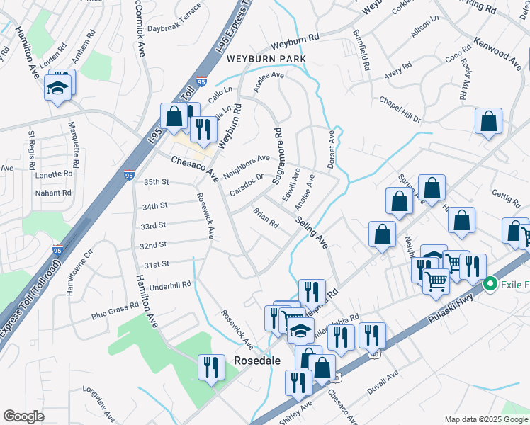 map of restaurants, bars, coffee shops, grocery stores, and more near 1521 Brian Road in Rosedale