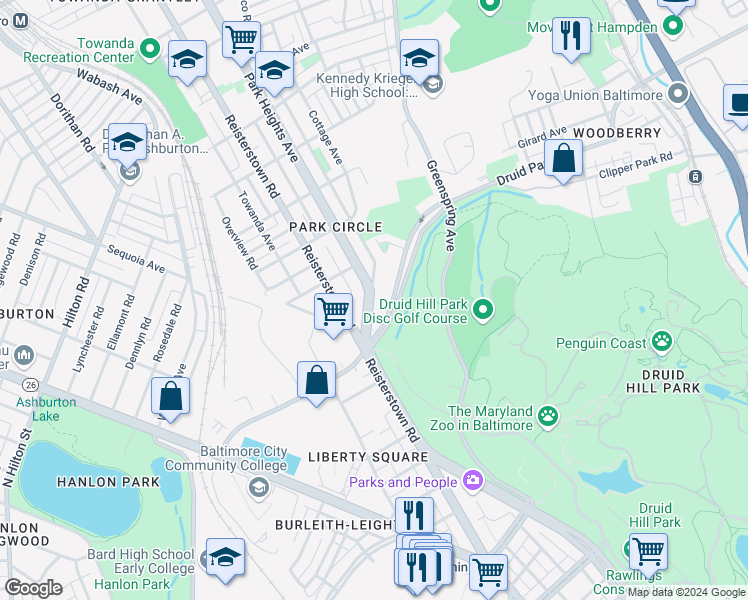 map of restaurants, bars, coffee shops, grocery stores, and more near 3429 Maryland 129 in Baltimore