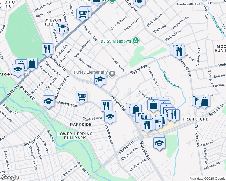 map of restaurants, bars, coffee shops, grocery stores, and more near 4503 Sipple Avenue in Baltimore