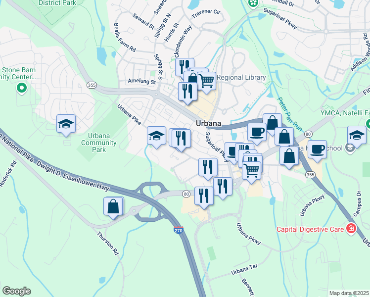 map of restaurants, bars, coffee shops, grocery stores, and more near 3527 Urbana Pike in Frederick