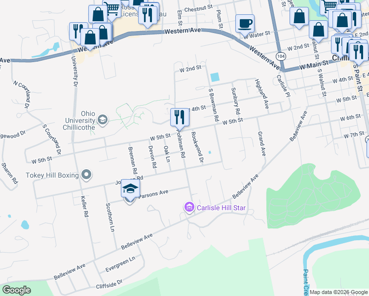 map of restaurants, bars, coffee shops, grocery stores, and more near 341 Pohlman Road in Chillicothe
