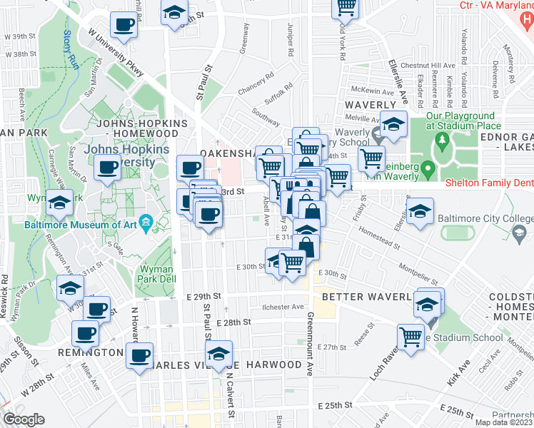 map of restaurants, bars, coffee shops, grocery stores, and more near East 32nd Street & Abell Avenue in Baltimore
