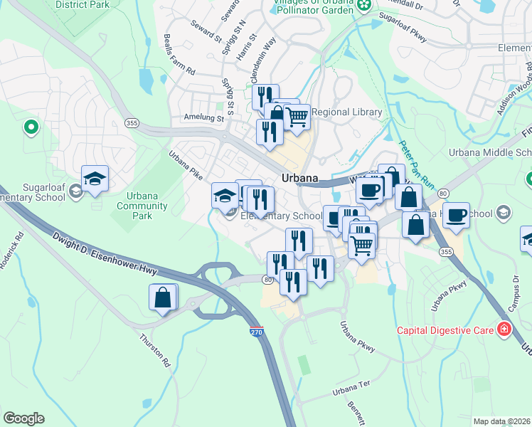map of restaurants, bars, coffee shops, grocery stores, and more near 3527 Urbana Pike in Frederick