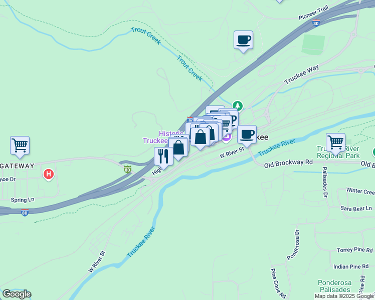 map of restaurants, bars, coffee shops, grocery stores, and more near 10232 Donner Pass Road in Truckee