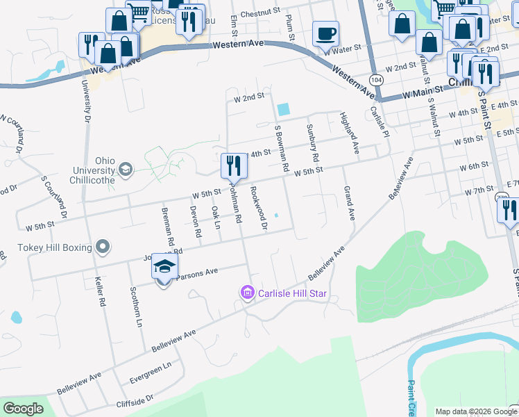 map of restaurants, bars, coffee shops, grocery stores, and more near 31 Rookwood Drive in Chillicothe