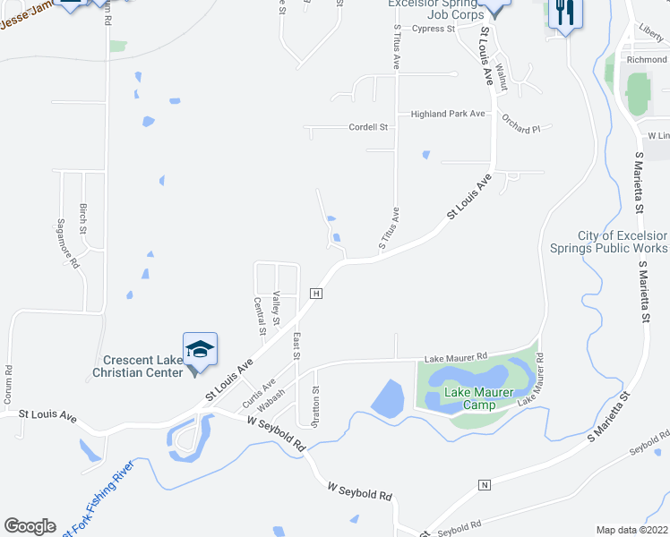 map of restaurants, bars, coffee shops, grocery stores, and more near 1112 Saint Louis Avenue in Excelsior Springs