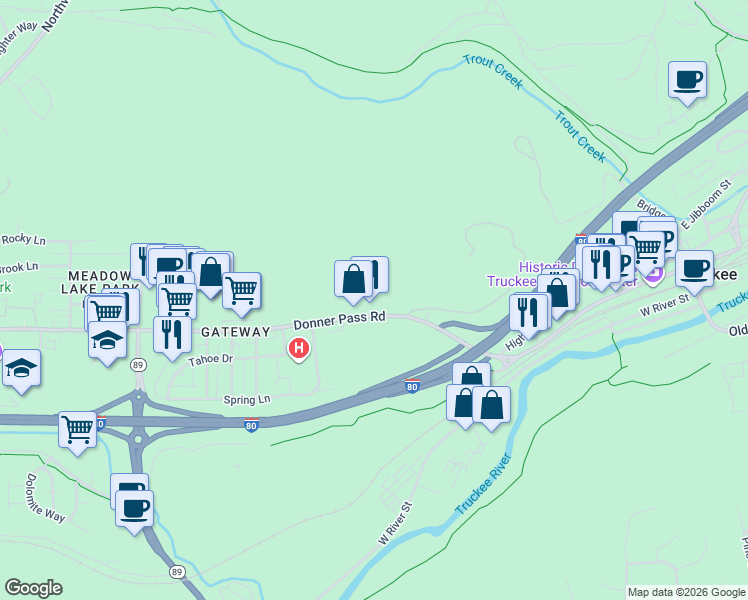 map of restaurants, bars, coffee shops, grocery stores, and more near 10770 Donner Pass Road in Truckee
