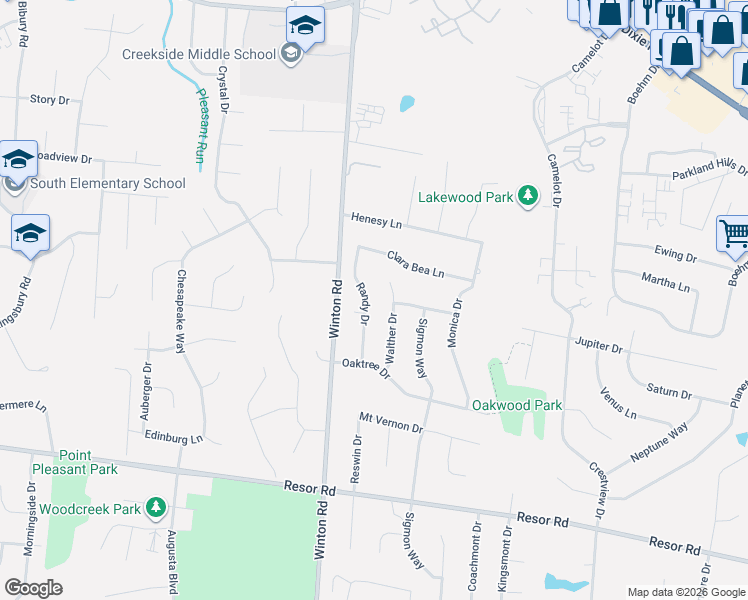 map of restaurants, bars, coffee shops, grocery stores, and more near 5555 Walther Drive in Fairfield
