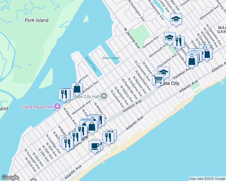 map of restaurants, bars, coffee shops, grocery stores, and more near 115 North Sumner Avenue in Margate City