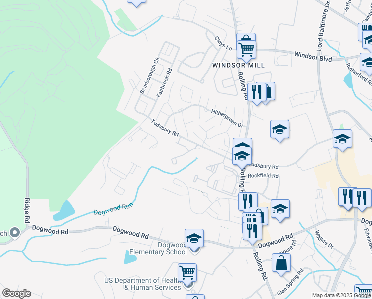 map of restaurants, bars, coffee shops, grocery stores, and more near 2450 Golders Green Court in Milford Mill