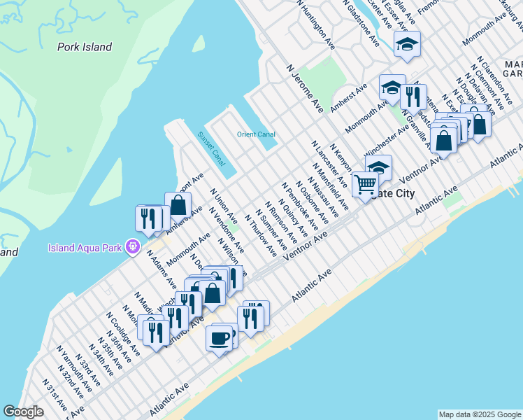 map of restaurants, bars, coffee shops, grocery stores, and more near 115 North Sumner Avenue in Margate City
