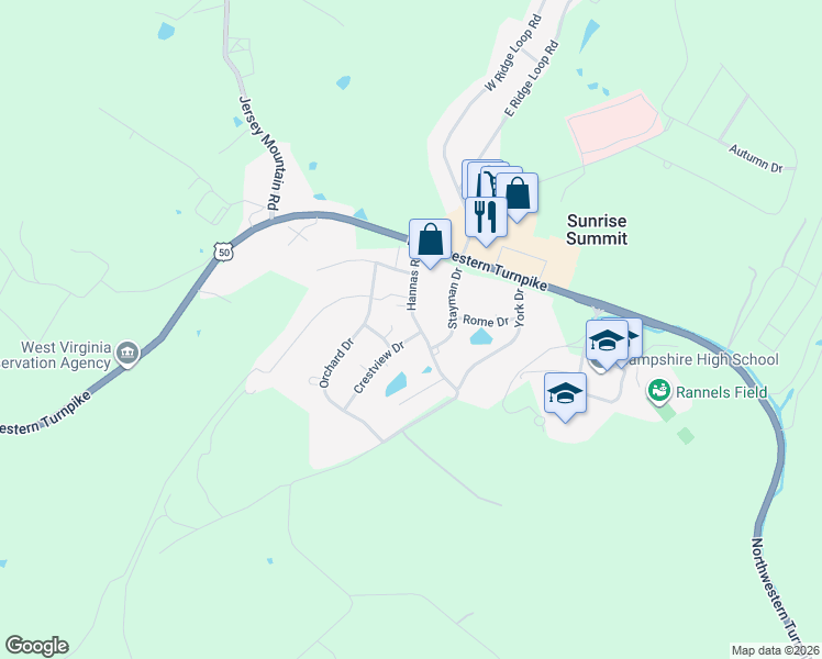 map of restaurants, bars, coffee shops, grocery stores, and more near 176 Hannas Road in Romney