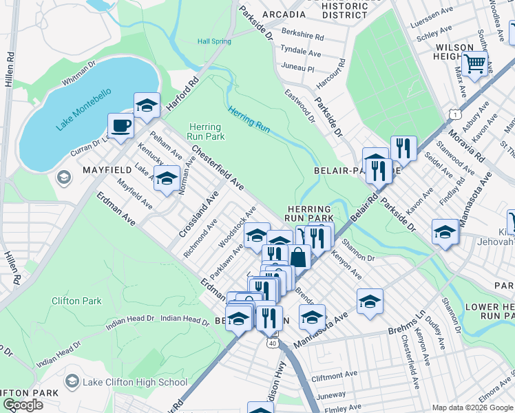 map of restaurants, bars, coffee shops, grocery stores, and more near 2701 Chesterfield Avenue in Baltimore