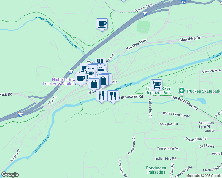 map of restaurants, bars, coffee shops, grocery stores, and more near 10037 East River Street in Truckee