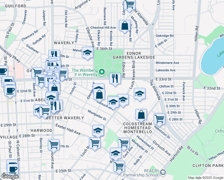 map of restaurants, bars, coffee shops, grocery stores, and more near 3225 Ellerslie Avenue in Baltimore