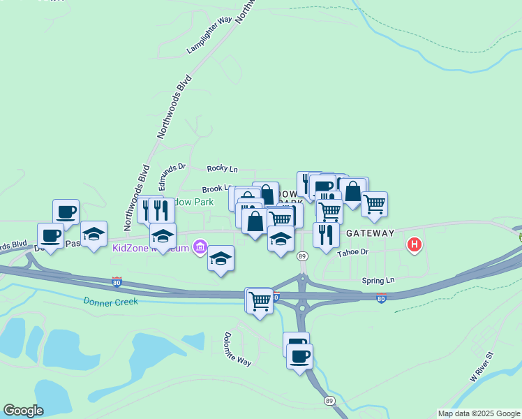 map of restaurants, bars, coffee shops, grocery stores, and more near 11410 Forest Lane in Truckee
