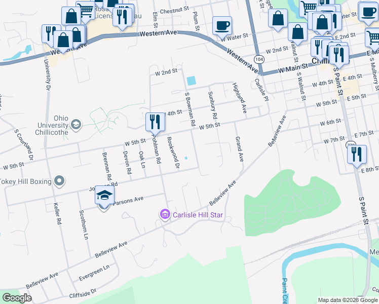 map of restaurants, bars, coffee shops, grocery stores, and more near 31 Rookwood Drive in Chillicothe