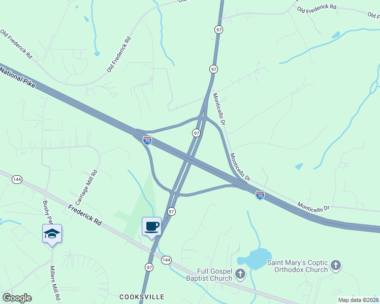 map of restaurants, bars, coffee shops, grocery stores, and more near Maryland 97 in Cooksville