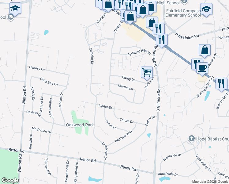 map of restaurants, bars, coffee shops, grocery stores, and more near 5450 Boehm Drive in Fairfield