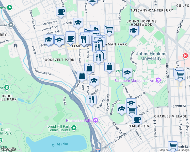 map of restaurants, bars, coffee shops, grocery stores, and more near 818 West 33rd Street in Baltimore