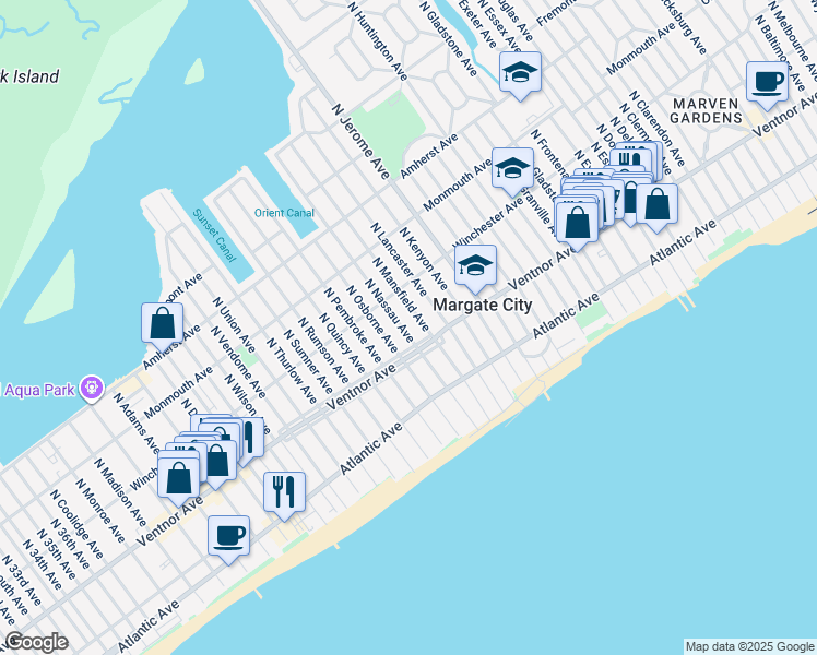 map of restaurants, bars, coffee shops, grocery stores, and more near 5 North Nassau Avenue in Margate City