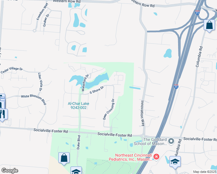 map of restaurants, bars, coffee shops, grocery stores, and more near 7668 East Bay Drive in Mason