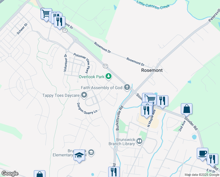 map of restaurants, bars, coffee shops, grocery stores, and more near 1219 Long Farm Lane in Brunswick
