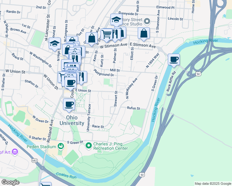 map of restaurants, bars, coffee shops, grocery stores, and more near 86 Columbus Road in Athens