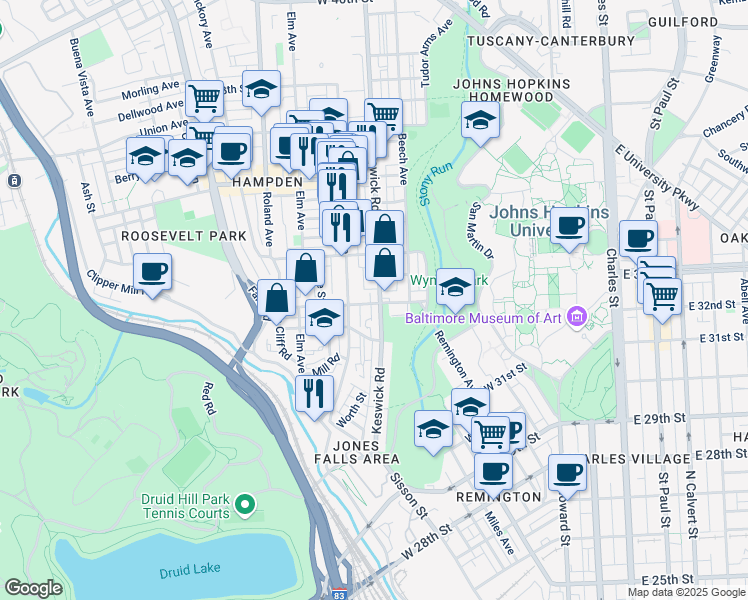 map of restaurants, bars, coffee shops, grocery stores, and more near 3300 Keswick Road in Baltimore