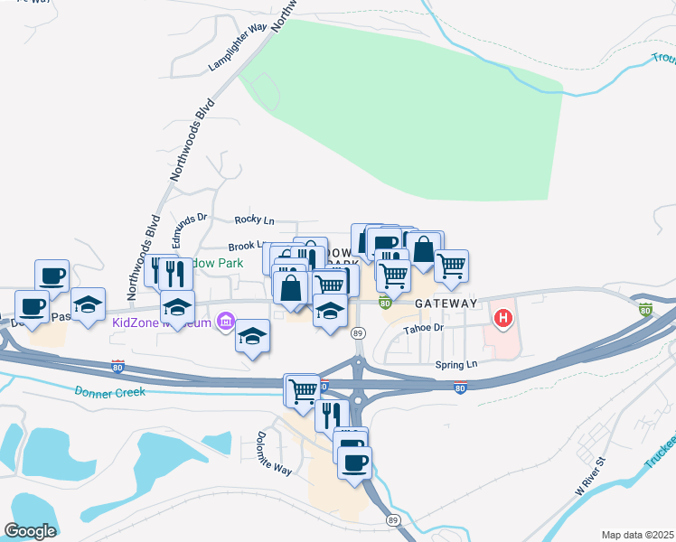 map of restaurants, bars, coffee shops, grocery stores, and more near 11344 Forest Lane in Truckee