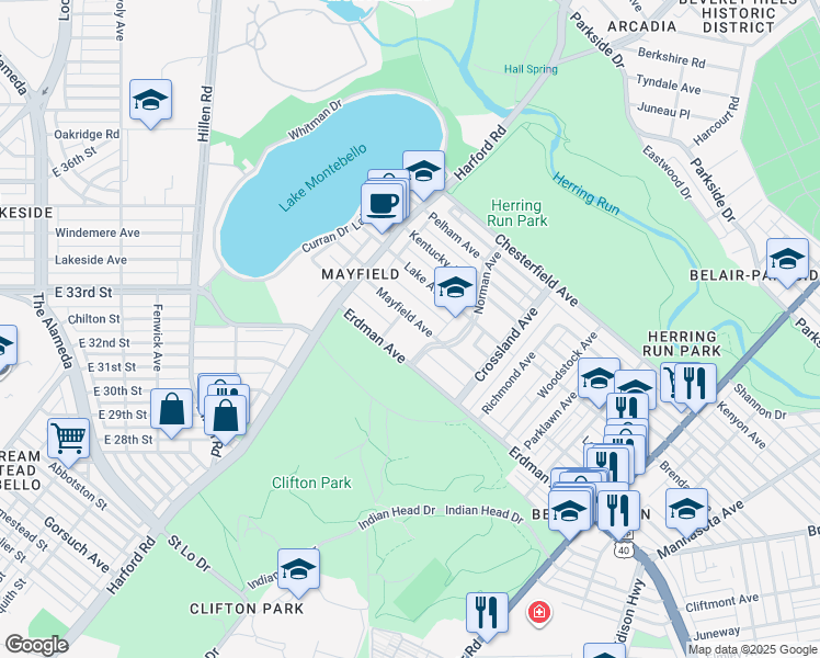 map of restaurants, bars, coffee shops, grocery stores, and more near 2303 Mayfield Avenue in Baltimore