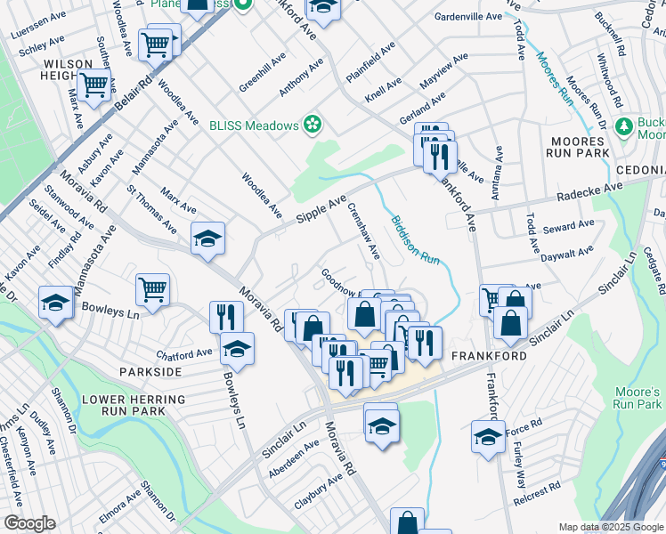 map of restaurants, bars, coffee shops, grocery stores, and more near 4900 Goodnow Road in Baltimore