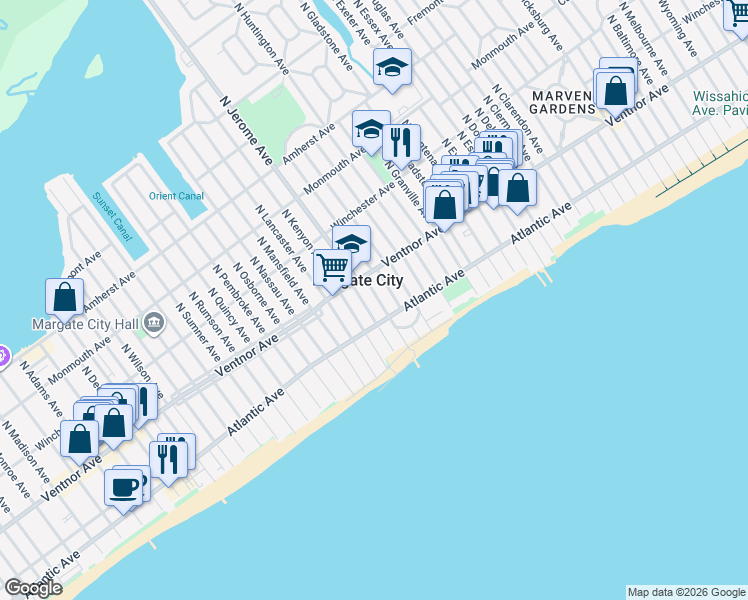 map of restaurants, bars, coffee shops, grocery stores, and more near 11 South Kenyon Avenue in Margate City