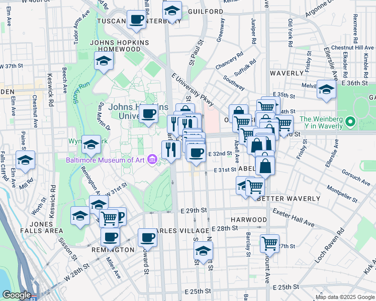 map of restaurants, bars, coffee shops, grocery stores, and more near 3200 Saint Paul Street in Baltimore