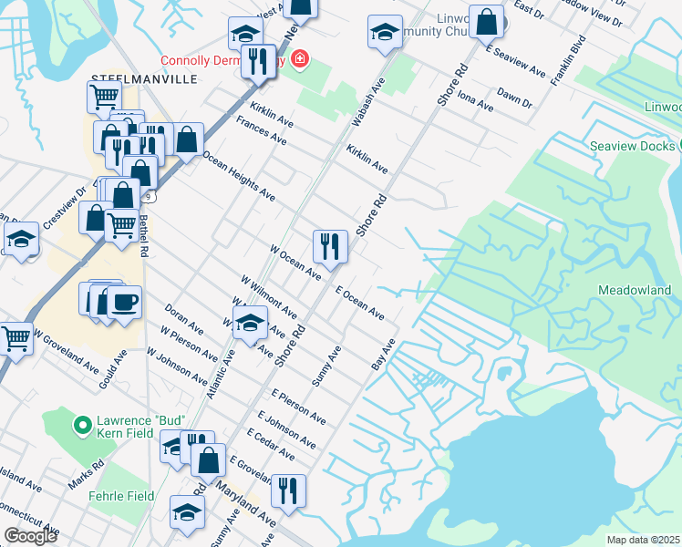 map of restaurants, bars, coffee shops, grocery stores, and more near 6 Shore Road in Linwood