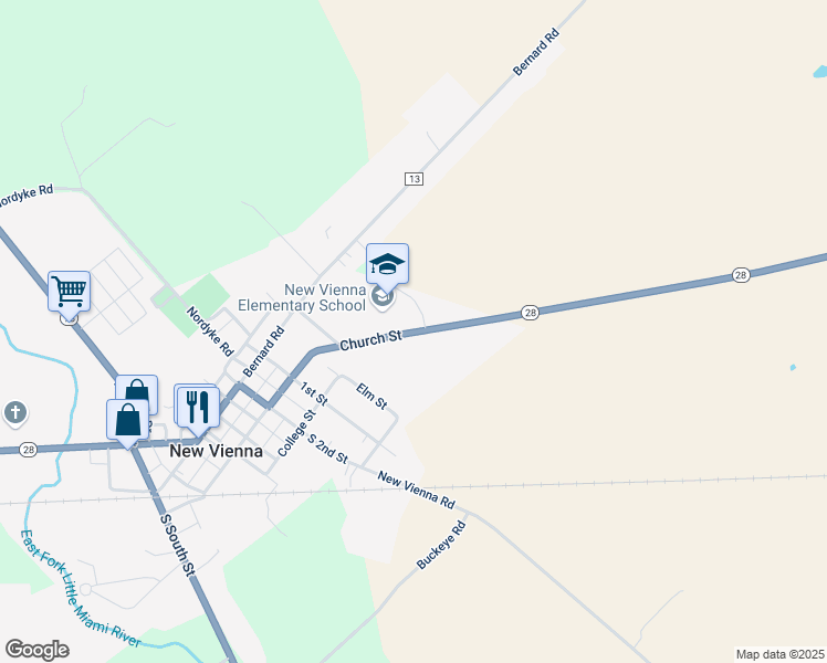 map of restaurants, bars, coffee shops, grocery stores, and more near 301 East Church Street in New Vienna