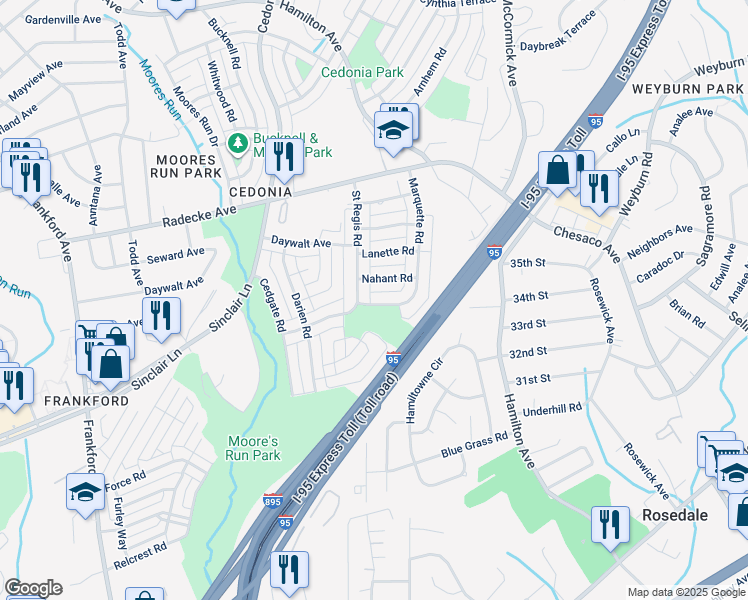 map of restaurants, bars, coffee shops, grocery stores, and more near 6004 Marquette Road in Baltimore