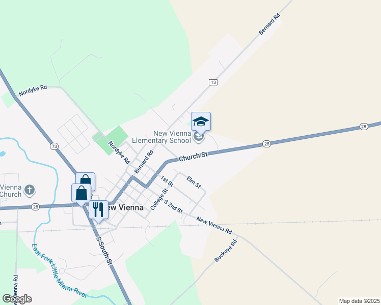 map of restaurants, bars, coffee shops, grocery stores, and more near 275 East Church Street in New Vienna