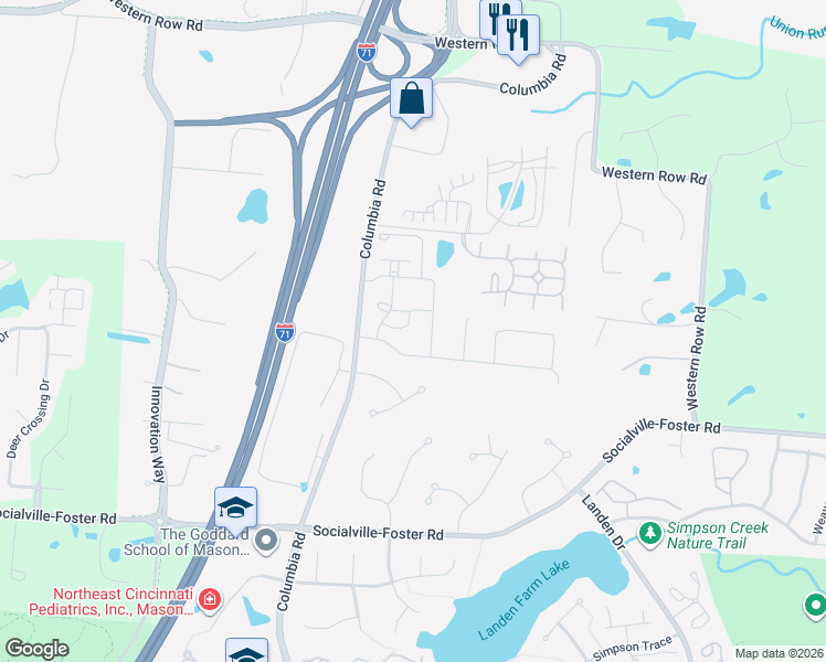 map of restaurants, bars, coffee shops, grocery stores, and more near 3305 Crescent Falls Way in Maineville
