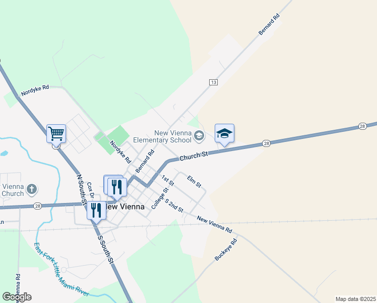 map of restaurants, bars, coffee shops, grocery stores, and more near 275 East Church Street in New Vienna