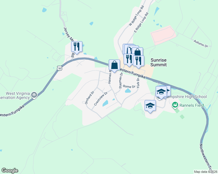map of restaurants, bars, coffee shops, grocery stores, and more near 176 Hannas Road in Romney