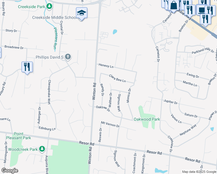 map of restaurants, bars, coffee shops, grocery stores, and more near 5555 Walther Drive in Fairfield