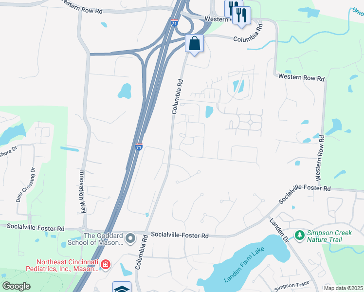 map of restaurants, bars, coffee shops, grocery stores, and more near 3345 Crescent Falls Way in Maineville