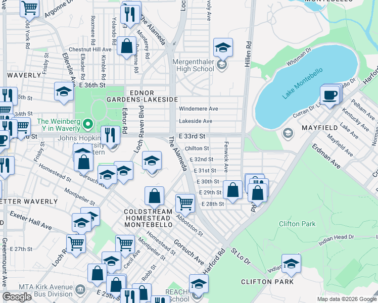 map of restaurants, bars, coffee shops, grocery stores, and more near 1603 Chilton Street in Baltimore