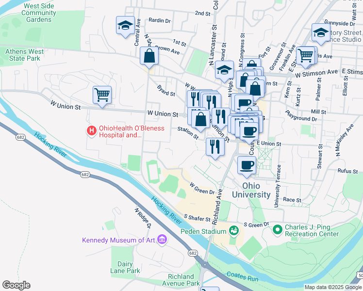 map of restaurants, bars, coffee shops, grocery stores, and more near 11 Station Street in Athens