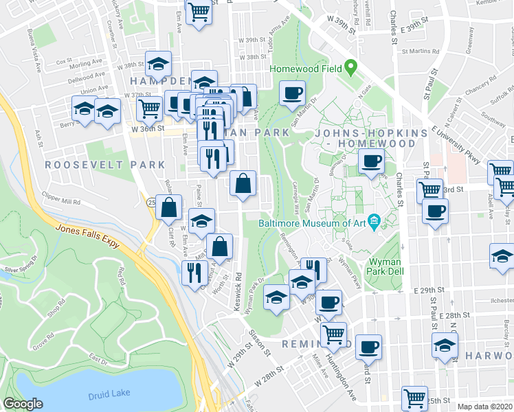 map of restaurants, bars, coffee shops, grocery stores, and more near 602 West 33rd Street in Baltimore